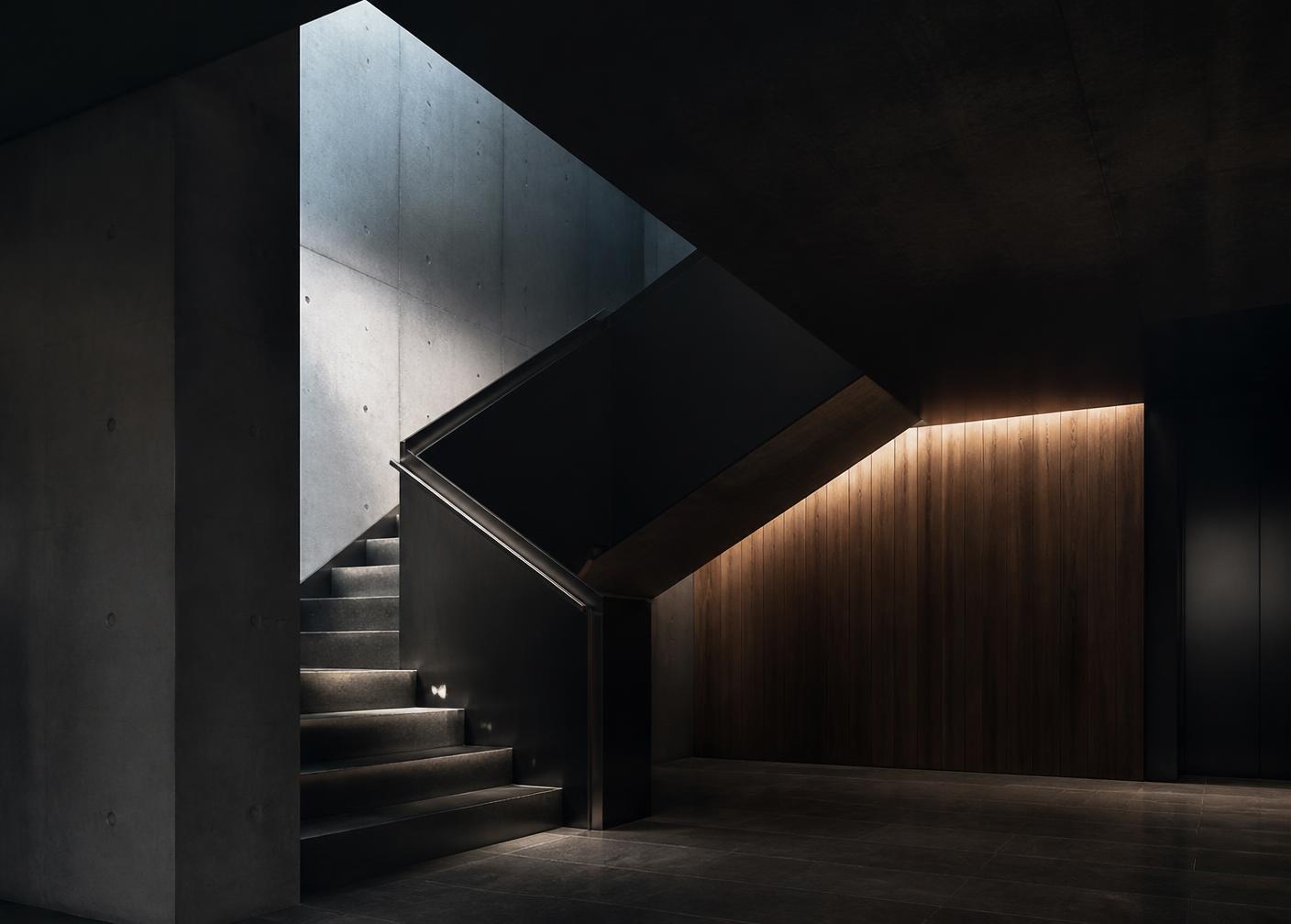 Concrete stairwell and warm timber wall in a modern building lobby